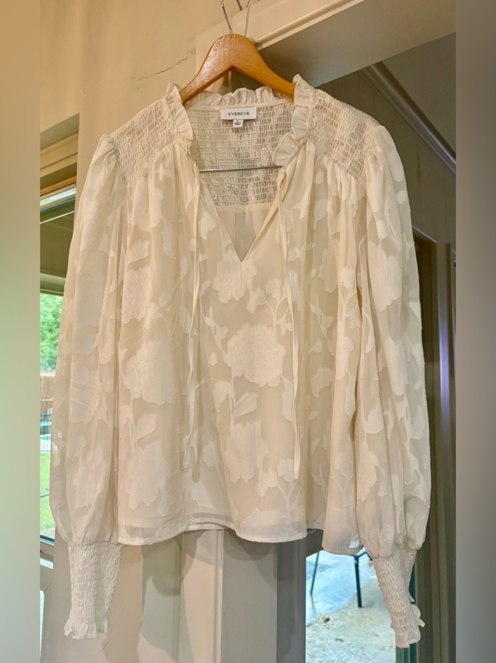 Evereve Cream Floral Jacquard V-Neck Peasant Blouse